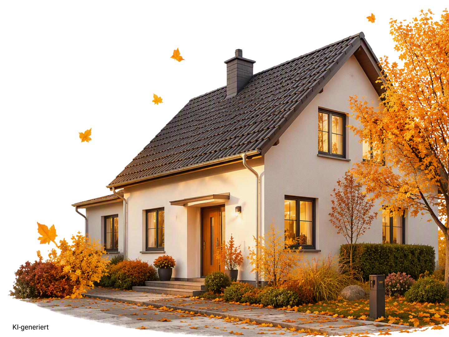 Einfamilienhaus im Herbst mit leuchtenden Fenstern als Symbol für ein warmes Zuhause.